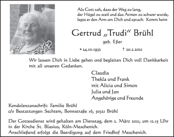Anzeige von Gertrud Brühl von  Kölner Wochenspiegel 
