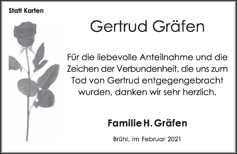  Traueranzeige für Gertrud Gräfen vom 19.02.2021 aus  Schlossbote/Werbekurier 