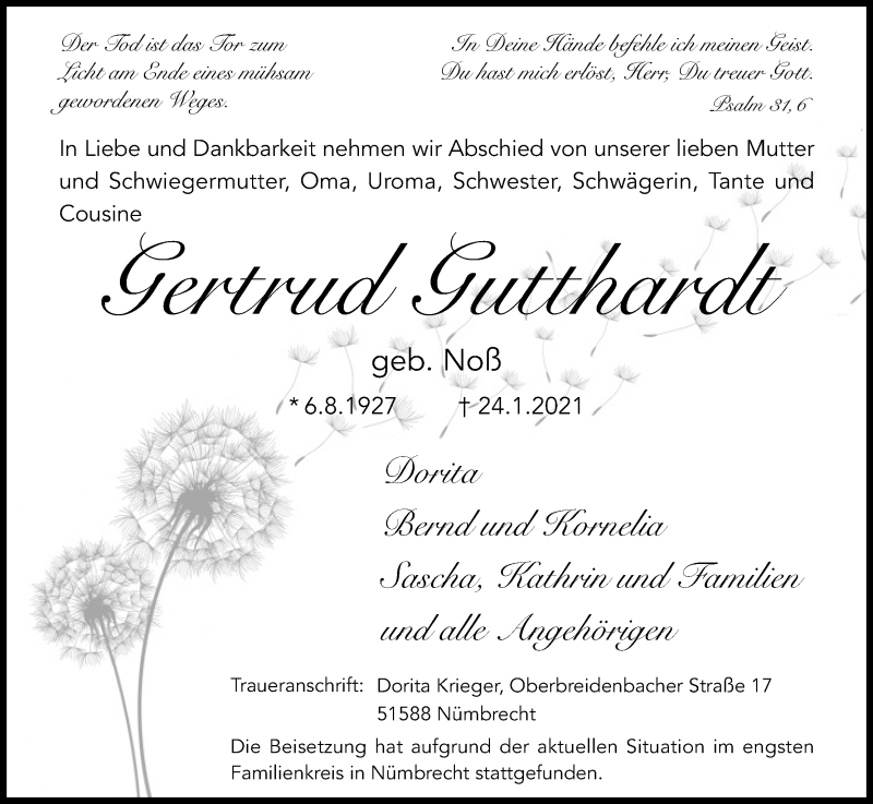  Traueranzeige für Gertrud Gutthardt vom 06.02.2021 aus Kölner Stadt-Anzeiger / Kölnische Rundschau / Express