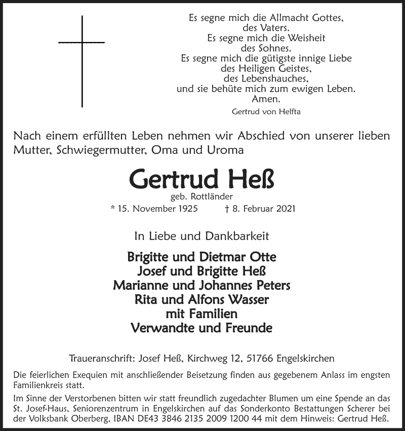  Traueranzeige für Gertrud Heß vom 13.02.2021 aus Kölner Stadt-Anzeiger / Kölnische Rundschau / Express