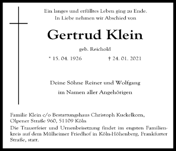 Anzeige von Gertrud Klein von Kölner Stadt-Anzeiger / Kölnische Rundschau / Express