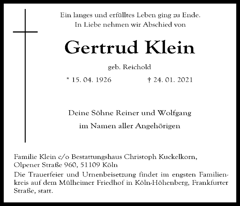  Traueranzeige für Gertrud Klein vom 13.02.2021 aus Kölner Stadt-Anzeiger / Kölnische Rundschau / Express