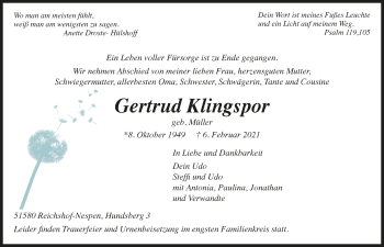 Anzeige von Gertrud Klingspor von  Anzeigen Echo  Lokalanzeiger 