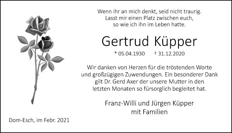  Traueranzeige für Gertrud Küpper vom 27.02.2021 aus  Blickpunkt Euskirchen 