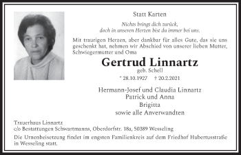 Anzeige von Gertrud Linnartz von  Schlossbote/Werbekurier 