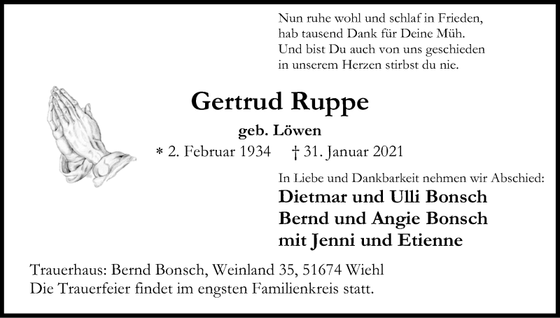  Traueranzeige für Gertrud Ruppe vom 06.02.2021 aus Kölner Stadt-Anzeiger / Kölnische Rundschau / Express