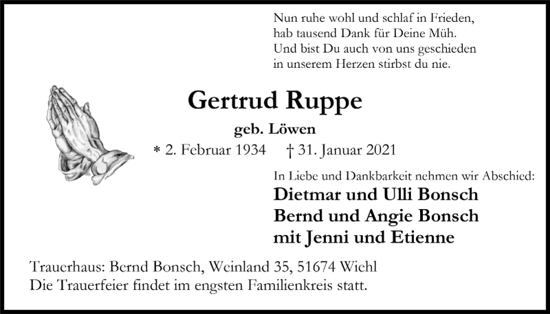  Traueranzeige für Gertrud Ruppe vom 19.02.2021 aus  Extra Blatt 