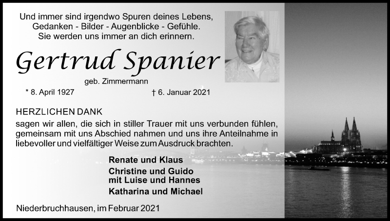  Traueranzeige für Gertrud Spanier vom 20.02.2021 aus Kölner Stadt-Anzeiger / Kölnische Rundschau / Express