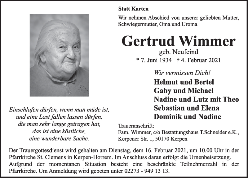  Traueranzeige für Gertrud Wimmer vom 12.02.2021 aus  Werbepost 