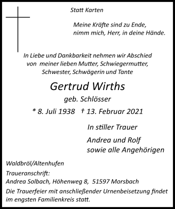 Anzeige von Gertrud Wirths von  Lokalanzeiger 