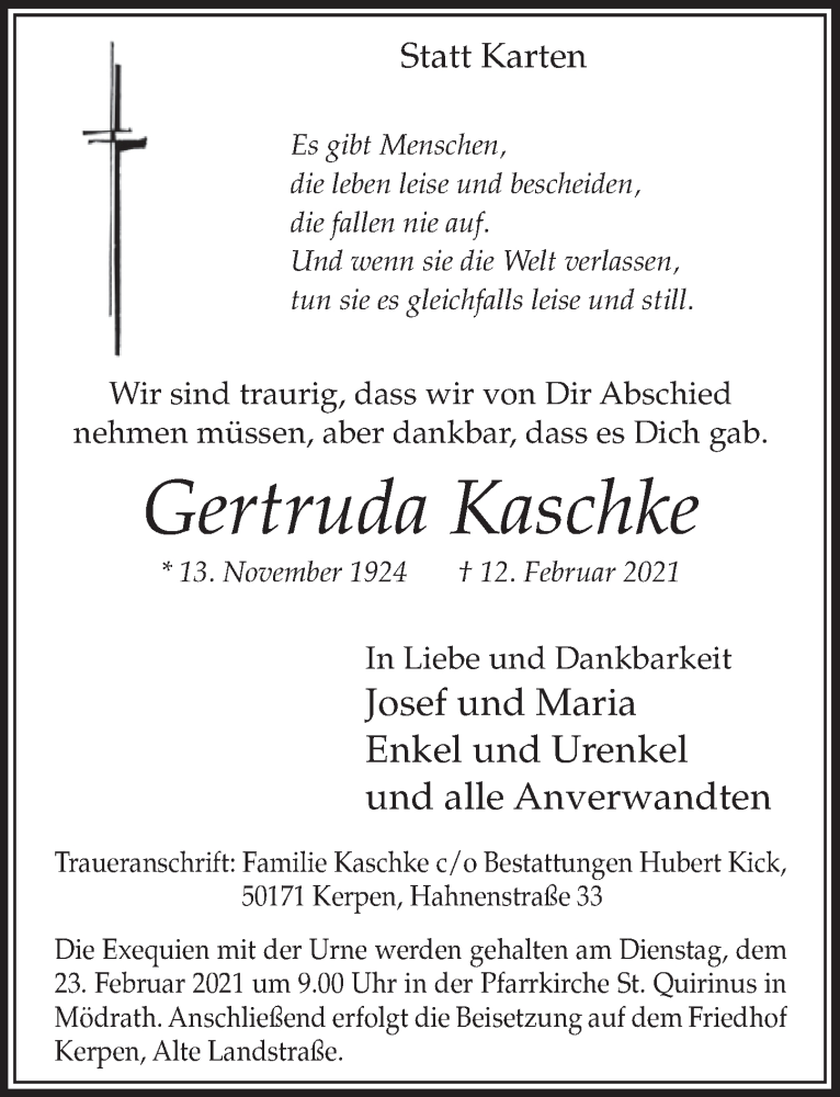  Traueranzeige für Gertruda Kaschke vom 19.02.2021 aus  Werbepost 
