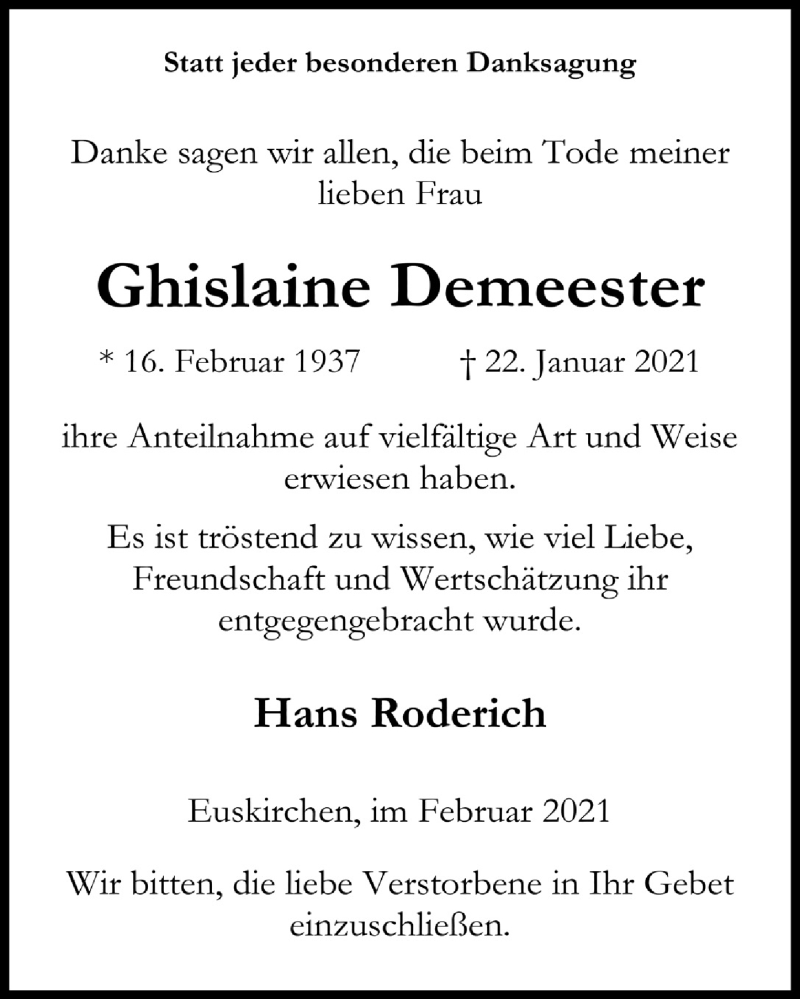  Traueranzeige für Ghislaine Demeester vom 27.02.2021 aus  Blickpunkt Euskirchen 