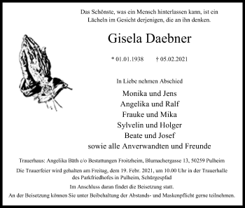 Anzeige von Gisela Daebner von Kölner Stadt-Anzeiger / Kölnische Rundschau / Express