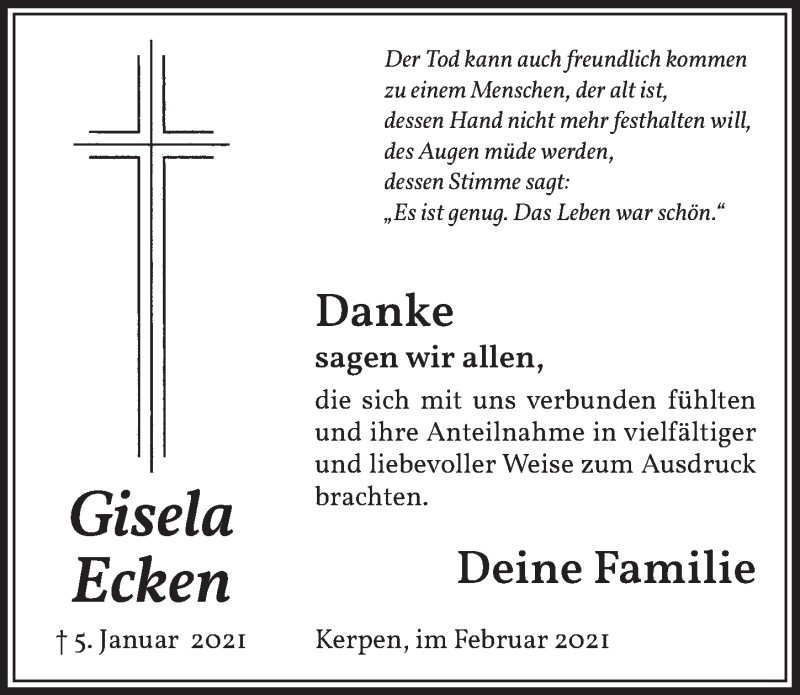  Traueranzeige für Gisela Ecken vom 05.02.2021 aus  Werbepost 