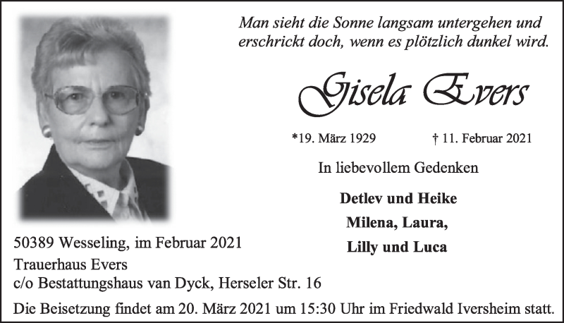  Traueranzeige für Gisela Evers vom 19.02.2021 aus  Schlossbote/Werbekurier 