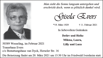 Anzeige von Gisela Evers von  Schlossbote/Werbekurier 