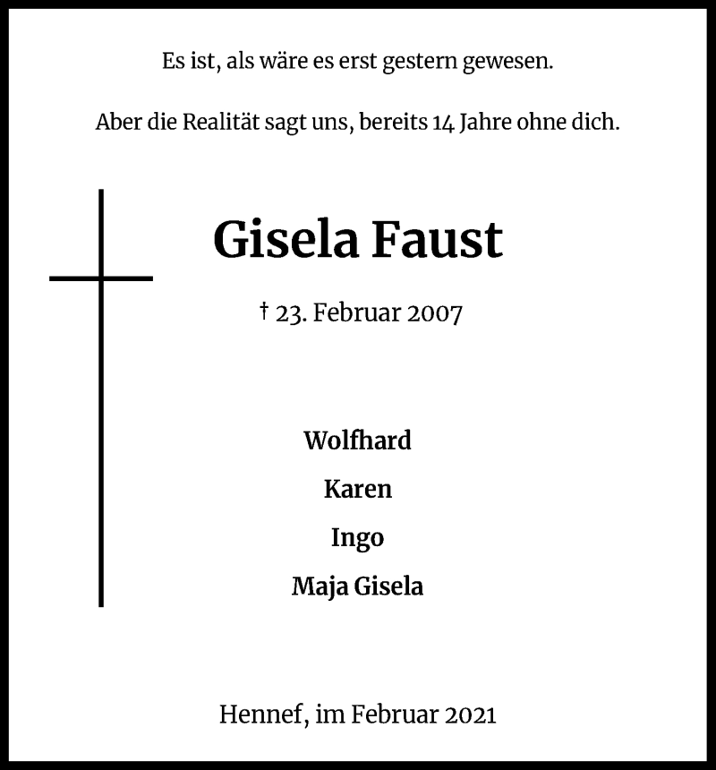  Traueranzeige für Gisela Faust vom 23.02.2021 aus Kölner Stadt-Anzeiger / Kölnische Rundschau / Express