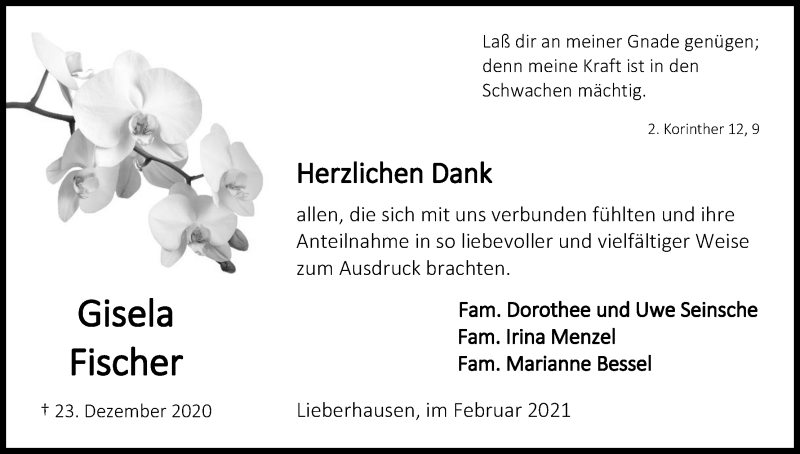  Traueranzeige für Gisela Fischer vom 13.02.2021 aus Kölner Stadt-Anzeiger / Kölnische Rundschau / Express