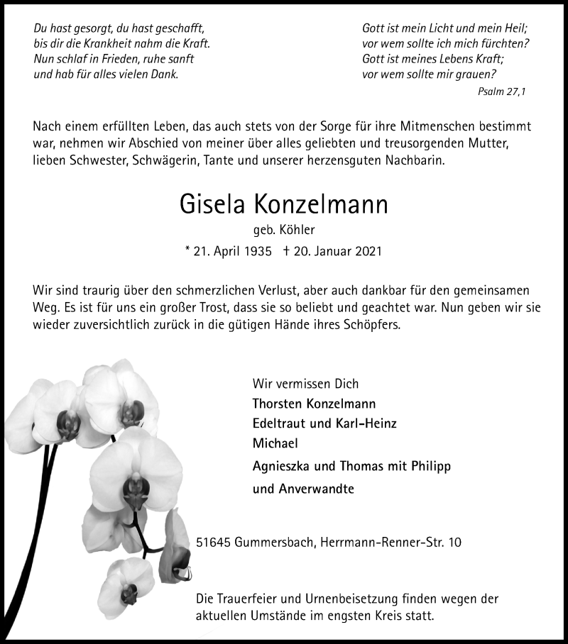  Traueranzeige für Gisela Konzelmann vom 02.02.2021 aus Kölner Stadt-Anzeiger / Kölnische Rundschau / Express