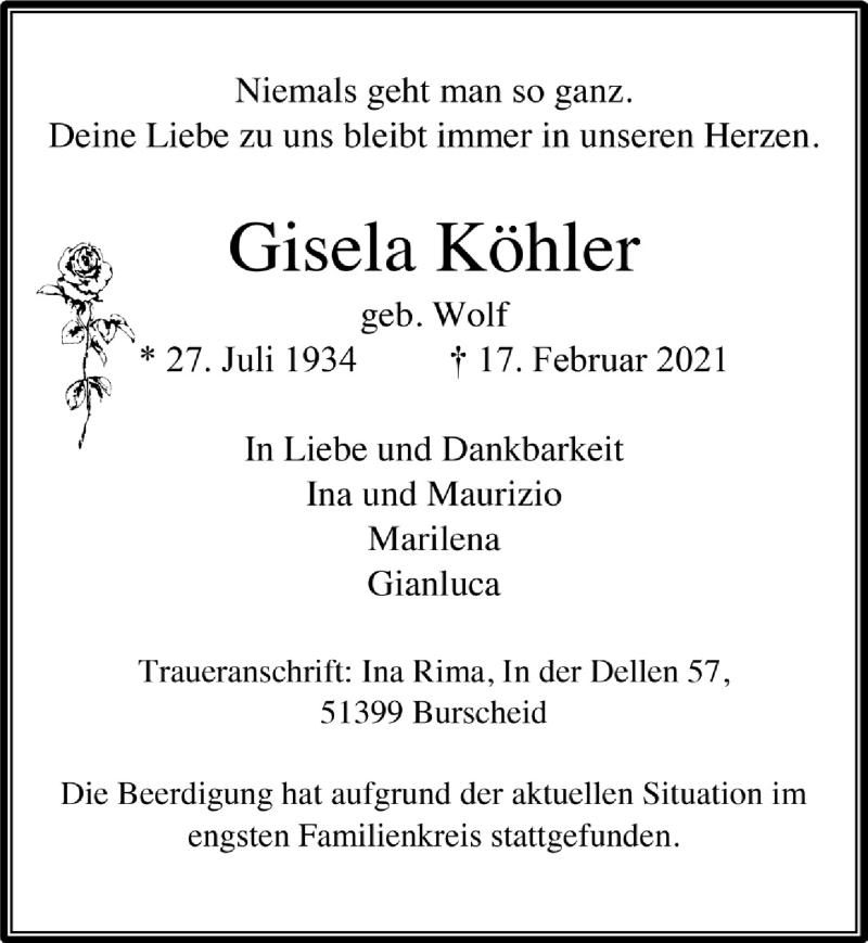  Traueranzeige für Gisela Köhler vom 26.02.2021 aus  Lokale Informationen 