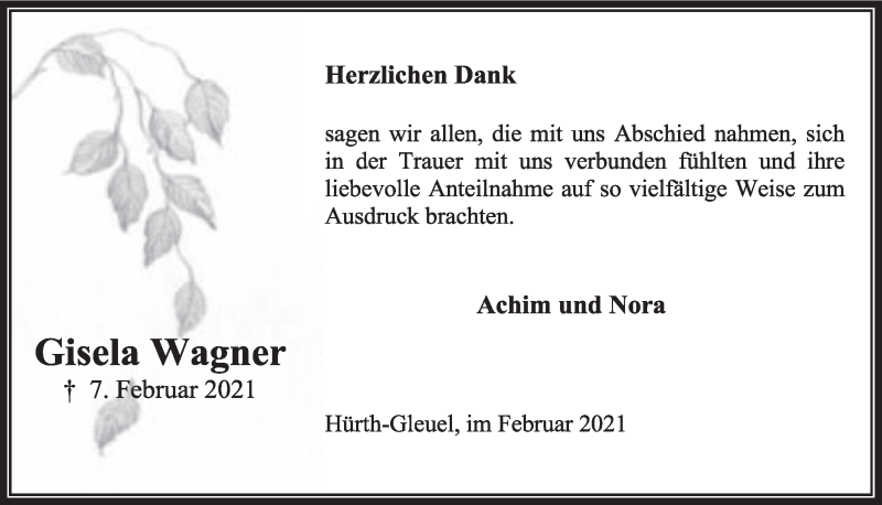  Traueranzeige für Gisela Wagner vom 26.02.2021 aus  Wochenende 