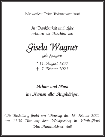 Anzeige von Gisela Wagner von  Wochenende 