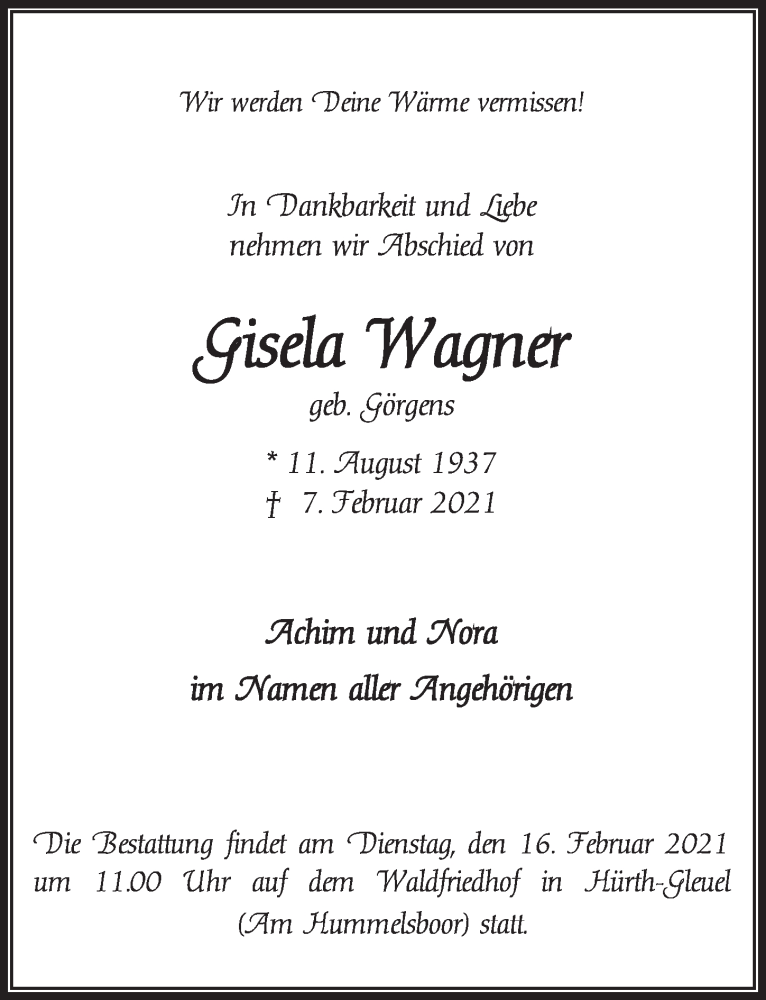  Traueranzeige für Gisela Wagner vom 12.02.2021 aus  Wochenende 