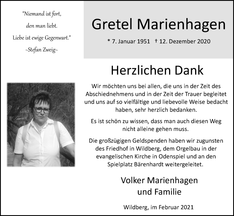  Traueranzeige für Gretel Marienhagen vom 27.02.2021 aus Kölner Stadt-Anzeiger / Kölnische Rundschau / Express