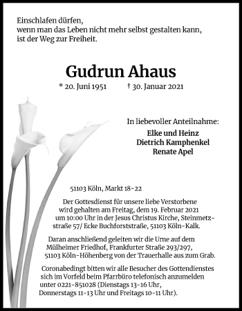 Anzeige von Gudrun Ahaus von Kölner Stadt-Anzeiger / Kölnische Rundschau / Express