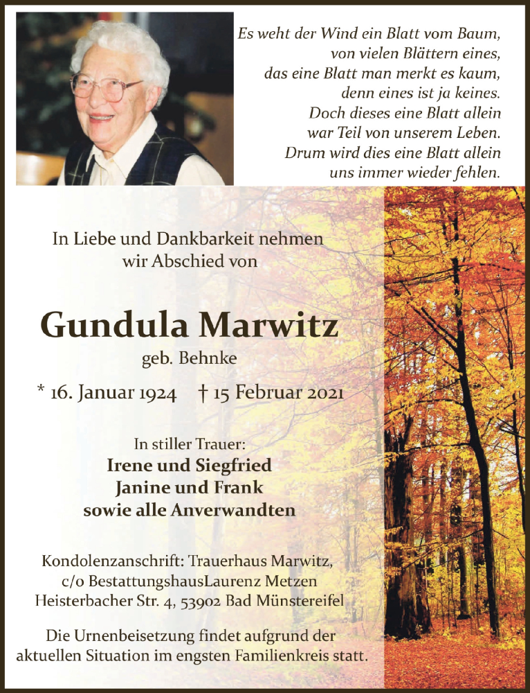  Traueranzeige für Gundula Marwitz vom 27.02.2021 aus  Blickpunkt Euskirchen 