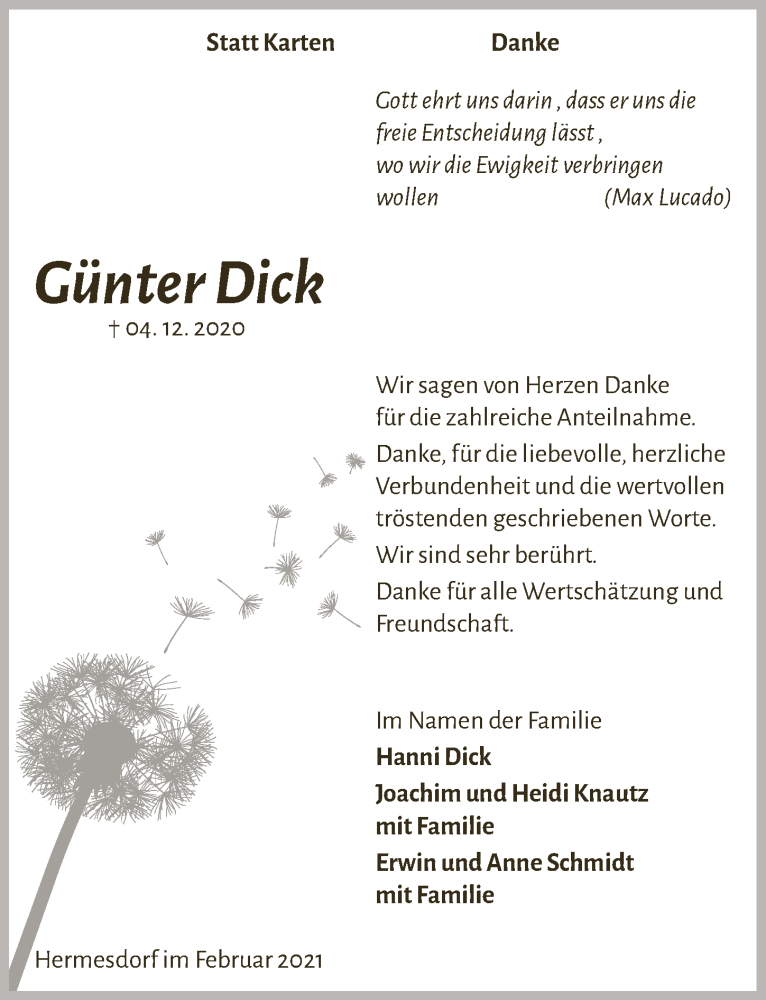  Traueranzeige für Günter Dick vom 12.02.2021 aus  Lokalanzeiger 