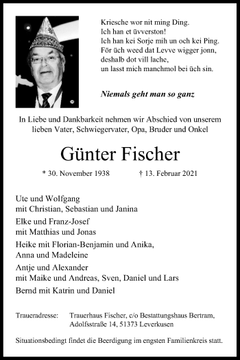 Anzeige von Günter Fischer von Kölner Stadt-Anzeiger / Kölnische Rundschau / Express