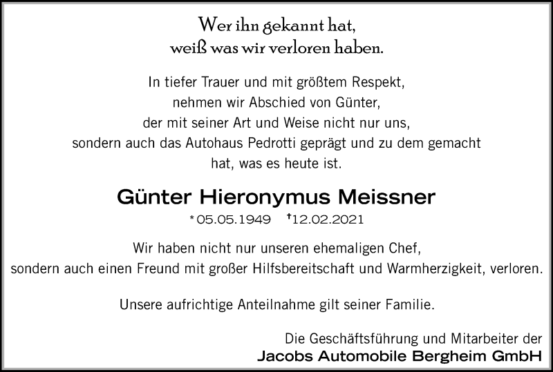 Traueranzeige für Günter Hieronymus Meissner vom 20.02.2021 aus Kölner Stadt-Anzeiger / Kölnische Rundschau / Express