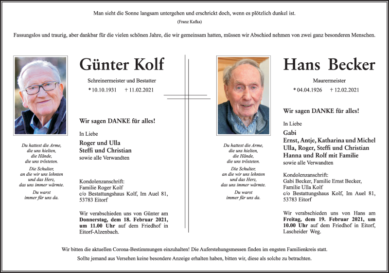  Traueranzeige für Günter Kolf vom 16.02.2021 aus Kölner Stadt-Anzeiger / Kölnische Rundschau / Express