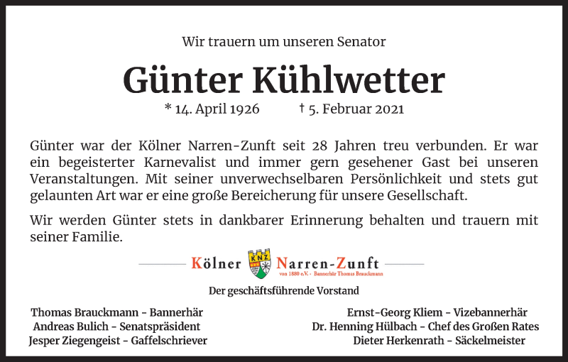  Traueranzeige für Günter Kühlwetter vom 20.02.2021 aus Kölner Stadt-Anzeiger / Kölnische Rundschau / Express