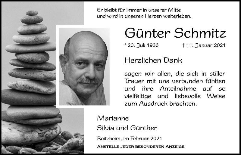  Traueranzeige für Günter Schmitz vom 13.02.2021 aus  Blickpunkt Euskirchen 