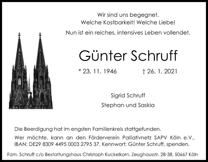  Traueranzeige für Günter Schruff vom 06.02.2021 aus Kölner Stadt-Anzeiger / Kölnische Rundschau / Express