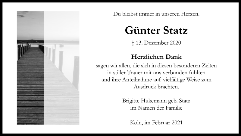  Traueranzeige für Günter Statz vom 06.02.2021 aus Kölner Stadt-Anzeiger / Kölnische Rundschau / Express