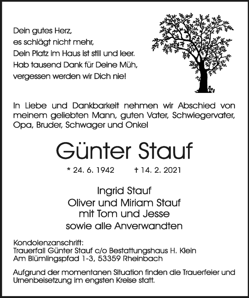  Traueranzeige für Günter Stauf vom 26.02.2021 aus  Schaufenster/Blickpunkt 