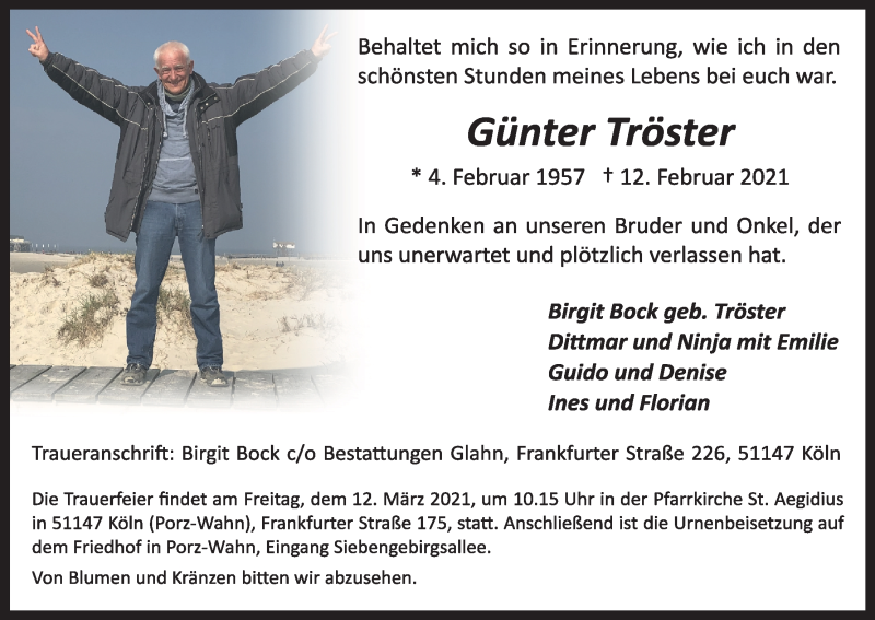  Traueranzeige für Günter Tröster vom 20.02.2021 aus Kölner Stadt-Anzeiger / Kölnische Rundschau / Express