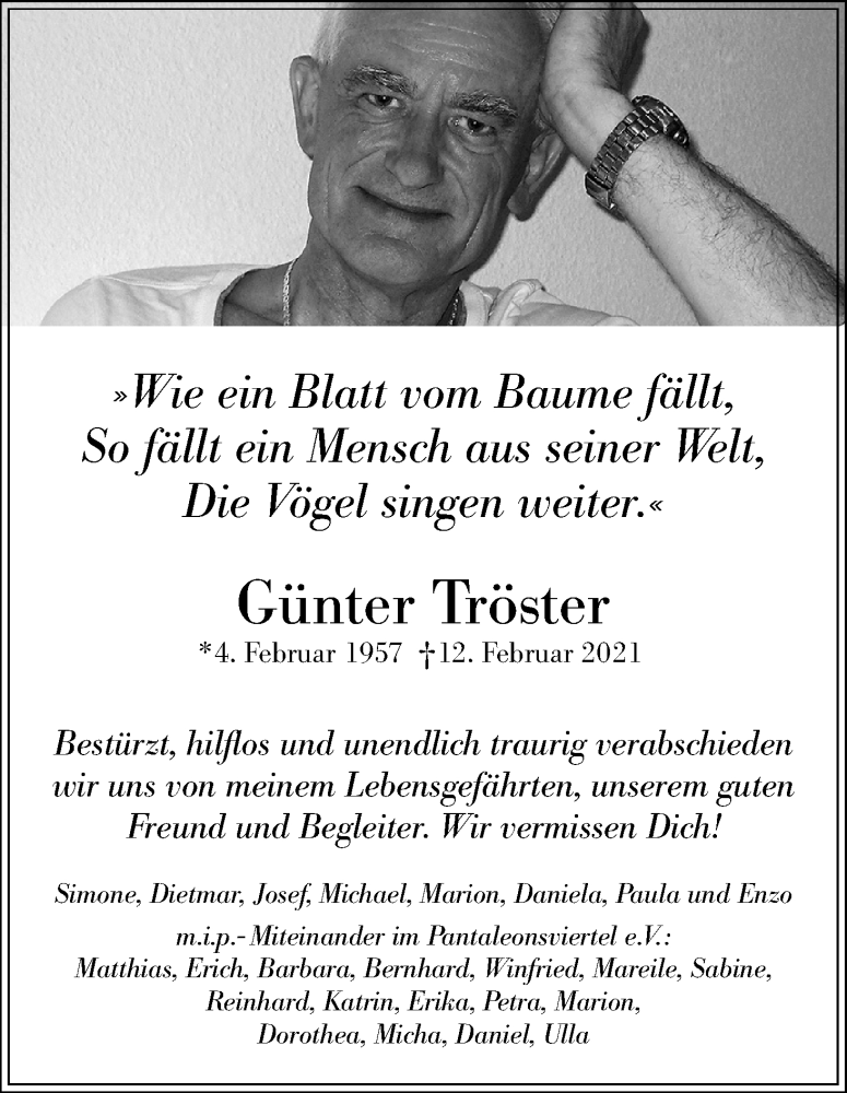  Traueranzeige für Günter Tröster vom 27.02.2021 aus Kölner Stadt-Anzeiger / Kölnische Rundschau / Express