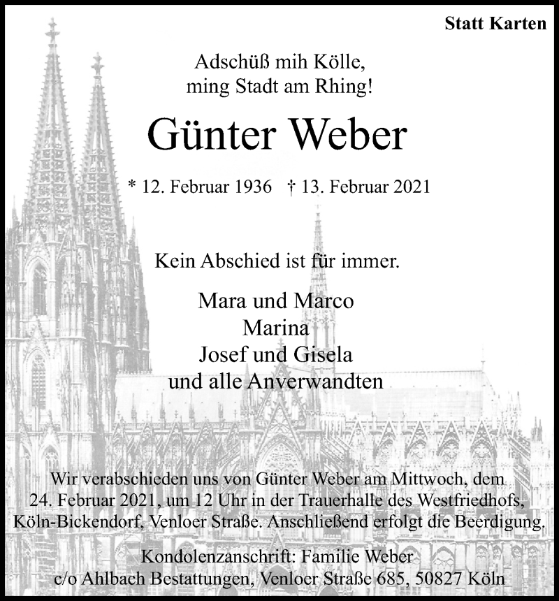  Traueranzeige für Günter Weber vom 20.02.2021 aus Kölner Stadt-Anzeiger / Kölnische Rundschau / Express