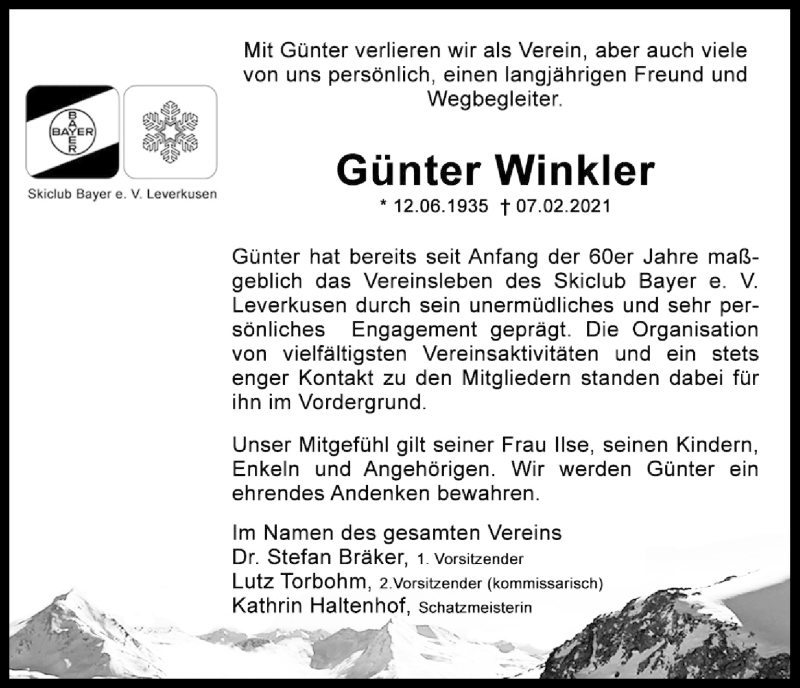  Traueranzeige für Günter Winkler vom 20.02.2021 aus Kölner Stadt-Anzeiger / Kölnische Rundschau / Express