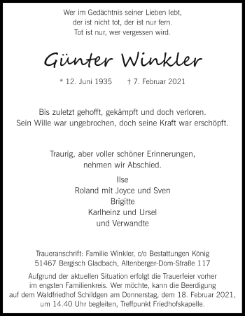 Anzeige von Günter Winkler von Kölner Stadt-Anzeiger / Kölnische Rundschau / Express