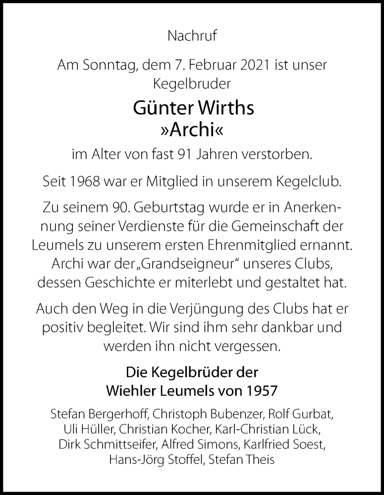  Traueranzeige für Günter Wirths vom 18.02.2021 aus Kölner Stadt-Anzeiger / Kölnische Rundschau / Express