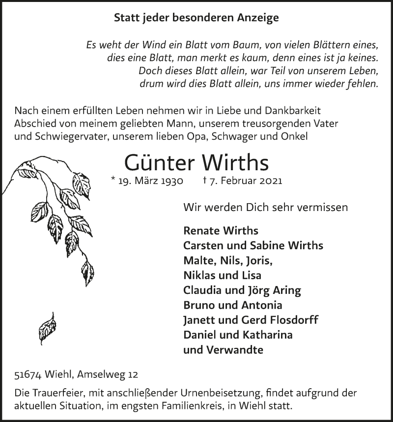  Traueranzeige für Günter Wirths vom 12.02.2021 aus  Anzeigen Echo 