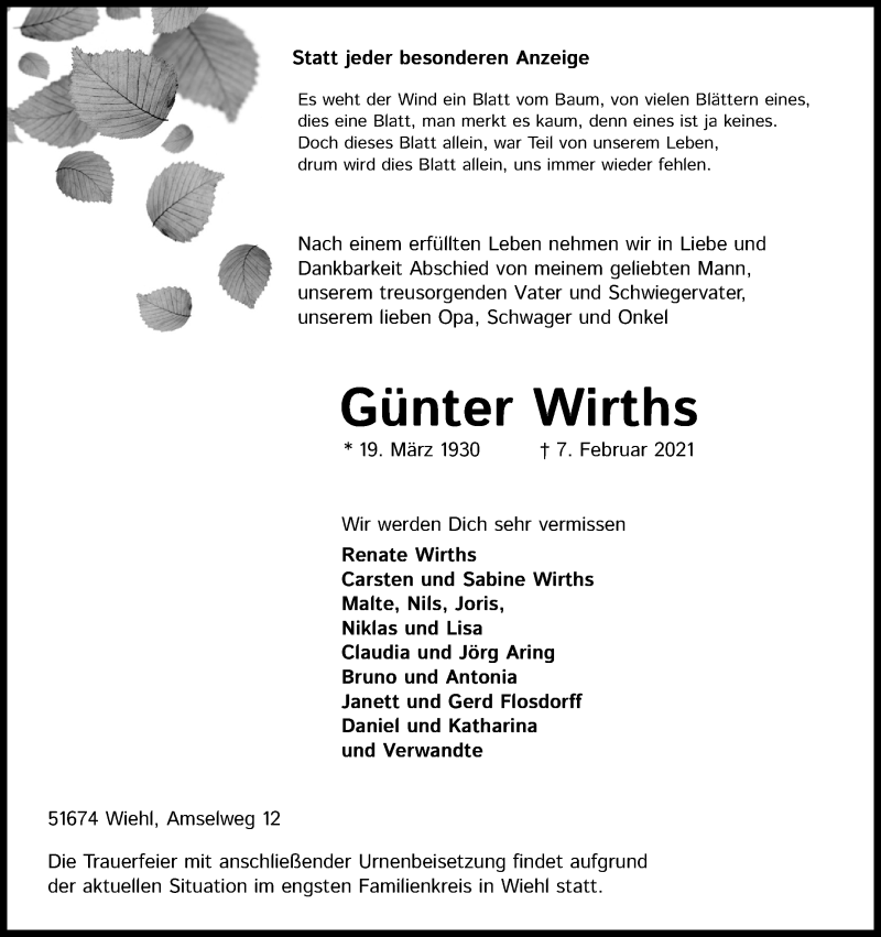  Traueranzeige für Günter Wirths vom 13.02.2021 aus Kölner Stadt-Anzeiger / Kölnische Rundschau / Express