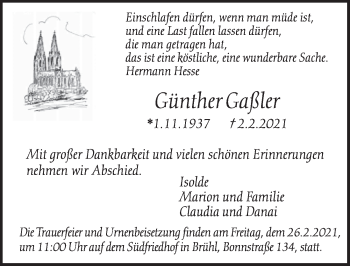 Anzeige von Günther Gaßler von  Schlossbote/Werbekurier 