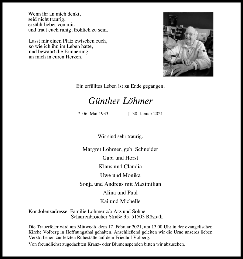  Traueranzeige für Günther Löhmer vom 13.02.2021 aus Kölner Stadt-Anzeiger / Kölnische Rundschau / Express