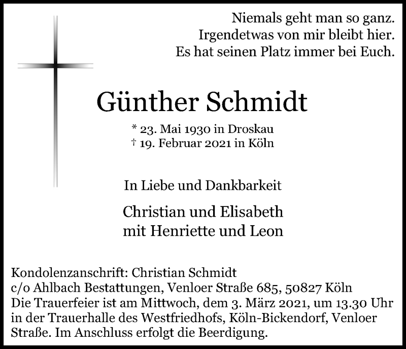  Traueranzeige für Günther Schmidt vom 27.02.2021 aus Kölner Stadt-Anzeiger / Kölnische Rundschau / Express